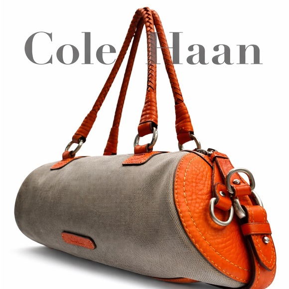 Cole Haan Handbags - Cole Han Gray Canvas Orange Leather Barrel Satchel